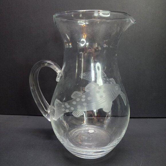 Vintage Clear Glass Serving Pitcher Etched Fish Design 8.25'' Tall - Picture 1 of 6
